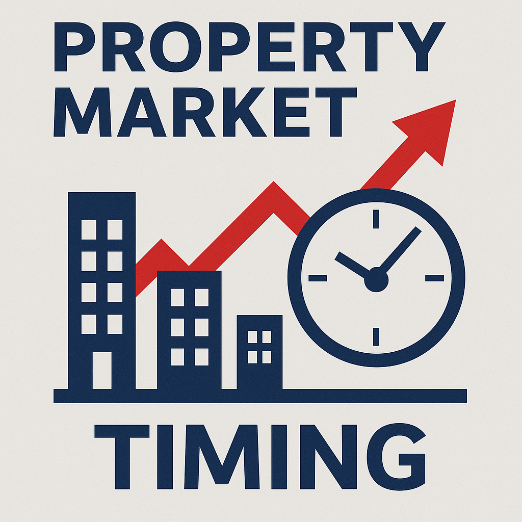 Abstract illustration showing simplified building silhouettes alongside a clock and upward arrow, representing property market trends and the importance of timing, using a navy blue, light grey, and red colour palette
