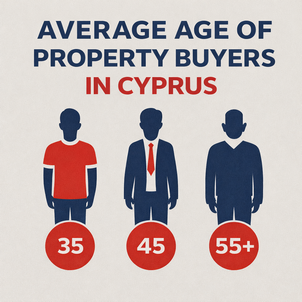 Average age of property buyers in Cyprus, showing buyer demographics across age groups 35, 45, and 55 plus.